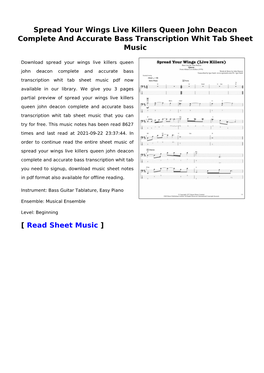 Spread Your Wings Live Killers Queen John Deacon Complete and Accurate Bass Transcription Whit Tab Sheet Music