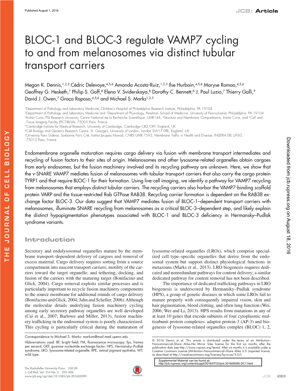 BLOC-1 and BLOC-3 Regulate VAMP7 Cycling to and from Melanosomes Via Distinct Tubular Transport Carriers