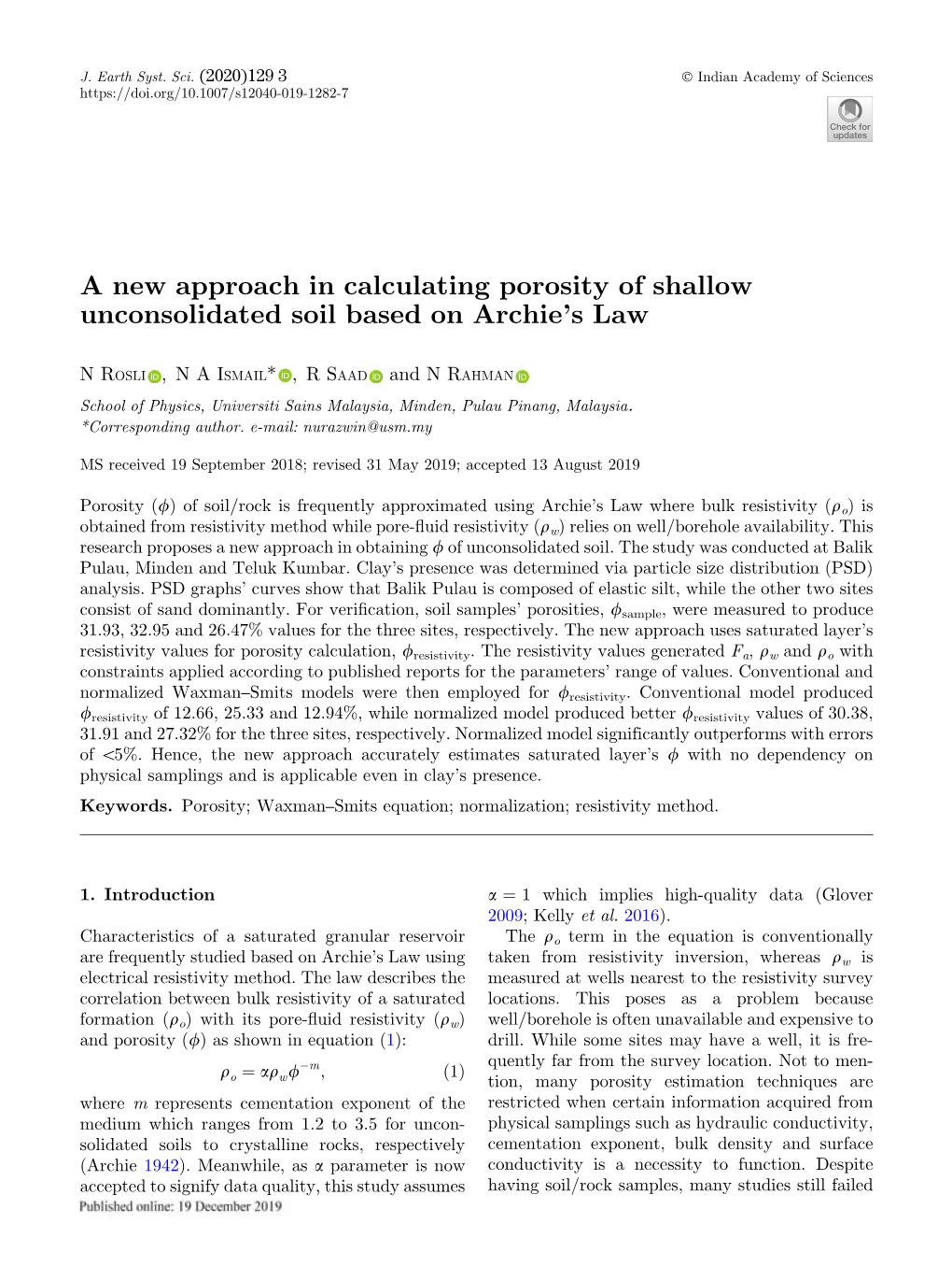 A New Approach in Calculating Porosity of Shallow Unconsolidated Soil Based on Archie’S Law
