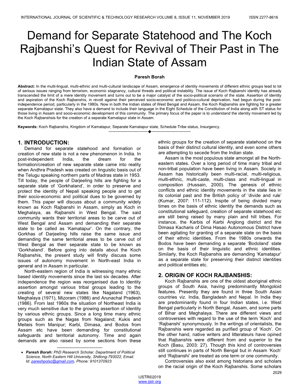 Demand for Separate Statehood and the Koch Rajbanshi's Quest For