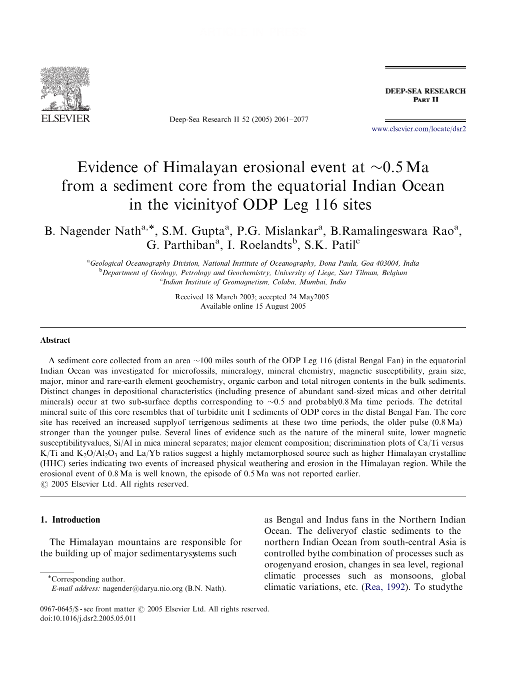 Evidence of Himalayan Erosional Event at $0.5 Ma from a Sediment