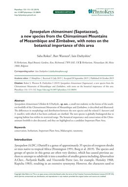 Synsepalum Chimanimani (Sapotaceae), a New Species from the Chimanimani Mountains of Mozambique and Zimbabwe, with Notes on the Botanical Importance of This Area