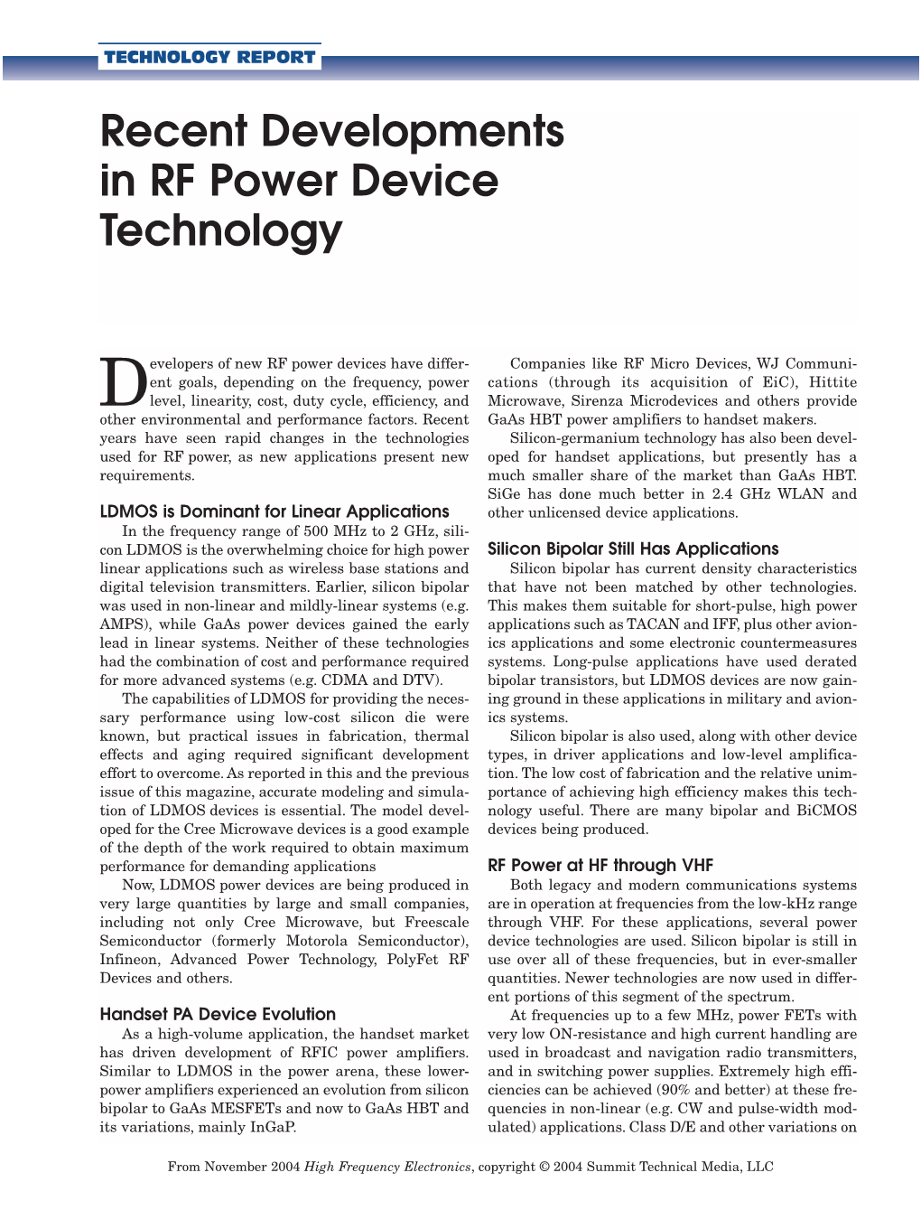 Recent Developments in RF Power Device Technology