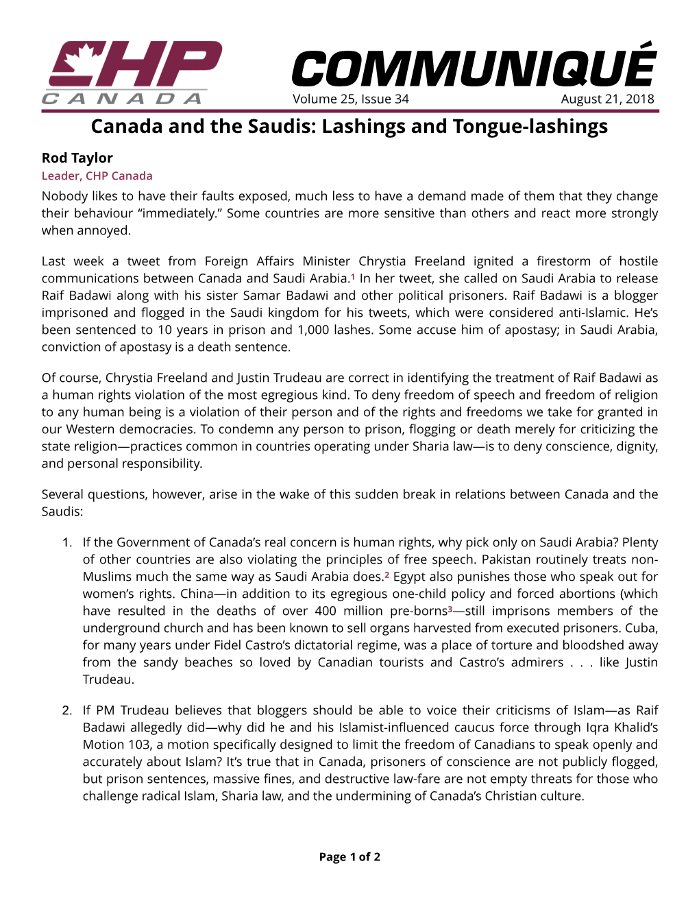 COMMUNIQUÉ Volume 25, Issue 34 August 21, 2018 Canada and the Saudis: Lashings and Tongue-Lashings