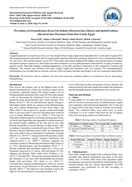 Prevalence of Lernanthropus Kroyeri in Seabass (Dicentrarchus Labrax) and Spotted Seabass (Dicentrarchus Punctatus) from Suez Canal, Egypt