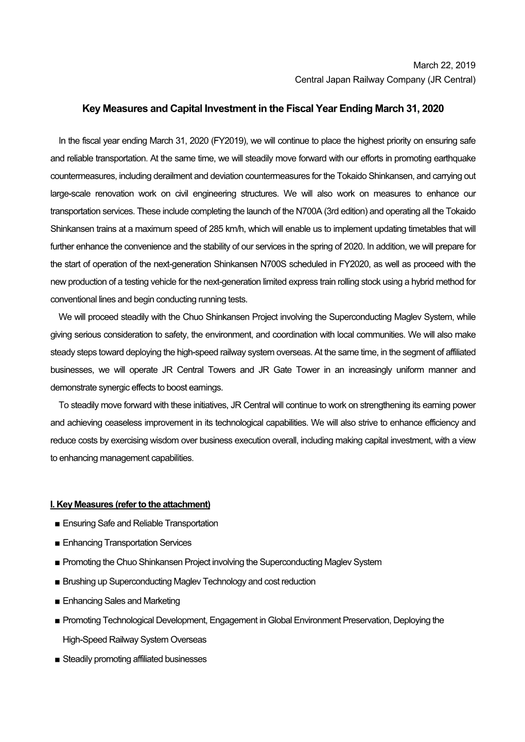 Key Measures and Capital Investment in the Fiscal Year Ending March 31, 2020