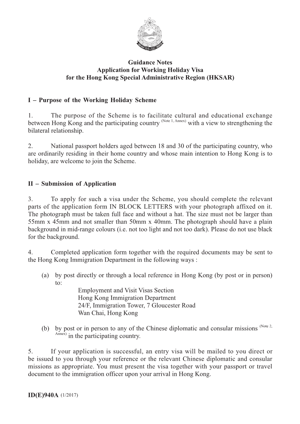 Guidance Notesapplication for Working Holiday Visafor the Hong