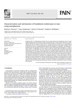 Characterisation and Mechanisms of Bradykinin-Evoked Pain in Man Using Iontophoresis ⇑ Kathryn J