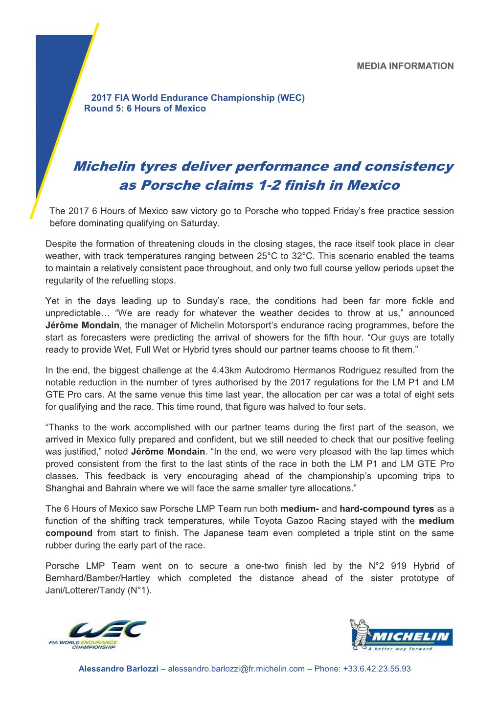 Michelin Tyres Deliver Performance and Consistency As Porsche Claims 1-2 Finish in Mexico