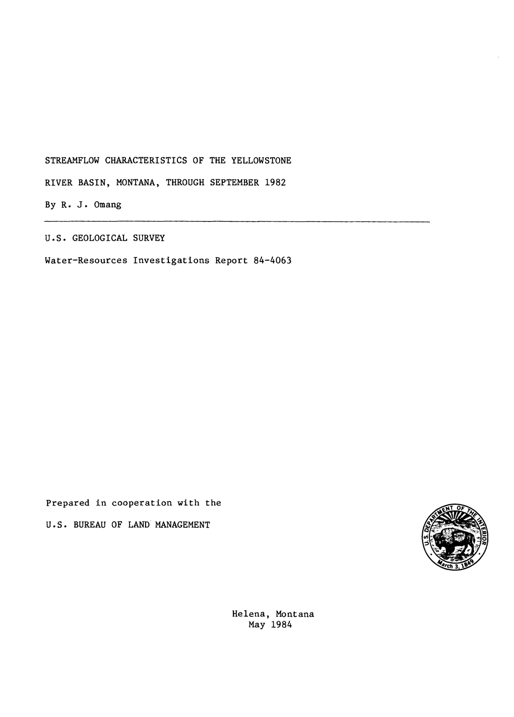 Streamflow Characteristics of the Yellowstone River Basin, Montana, Through September 1982