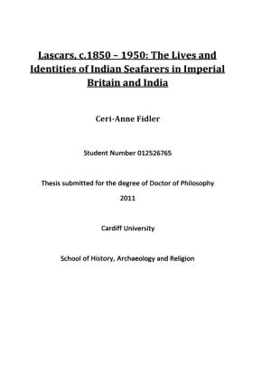 Lascars, C.1850 - 1950: the Lives and Identities of Indian Seafarers in Imperial Britain and India