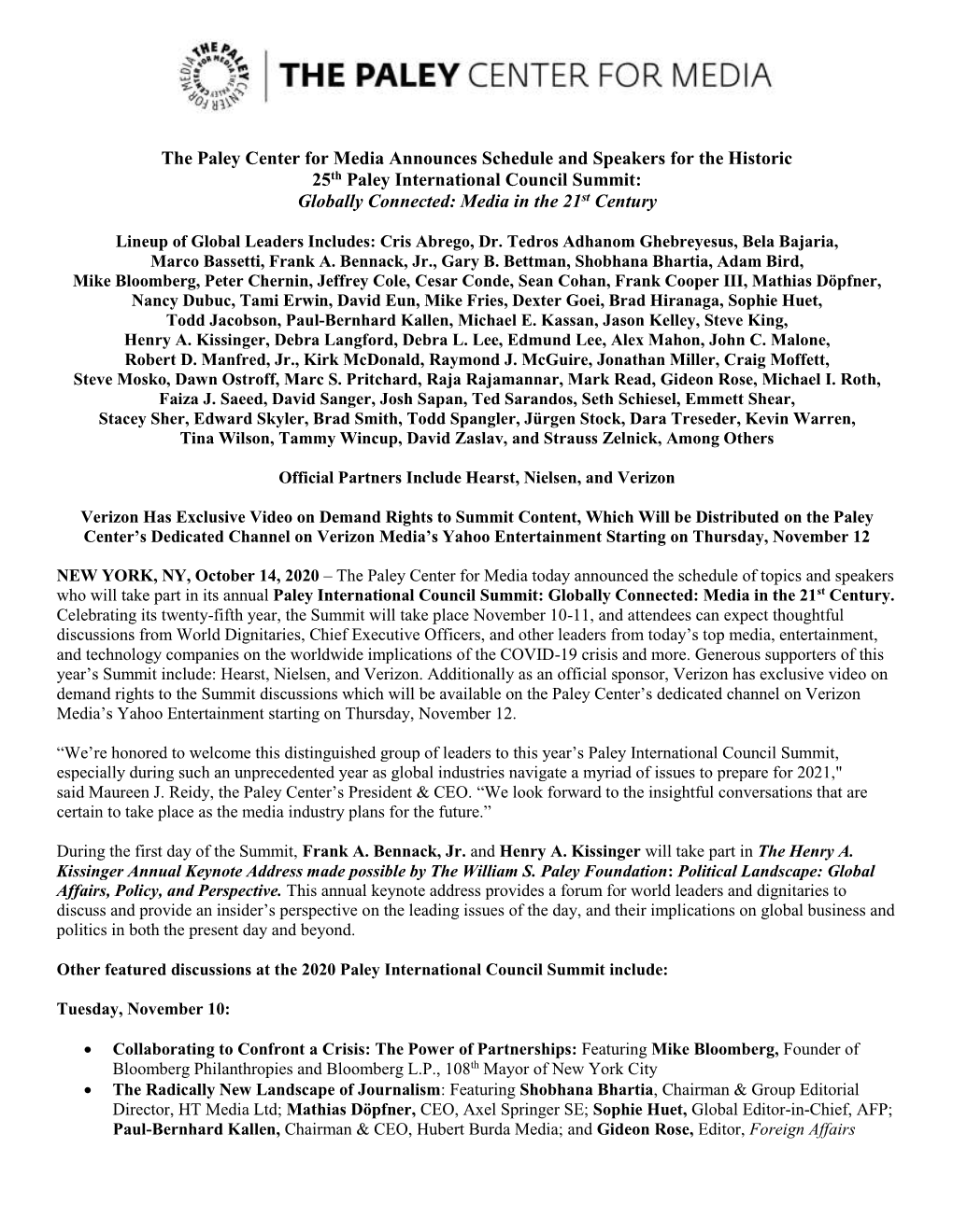 The Paley Center for Media Announces Schedule and Speakers for the Historic 25Th Paley International Council Summit: Globally Connected: Media in the 21St Century