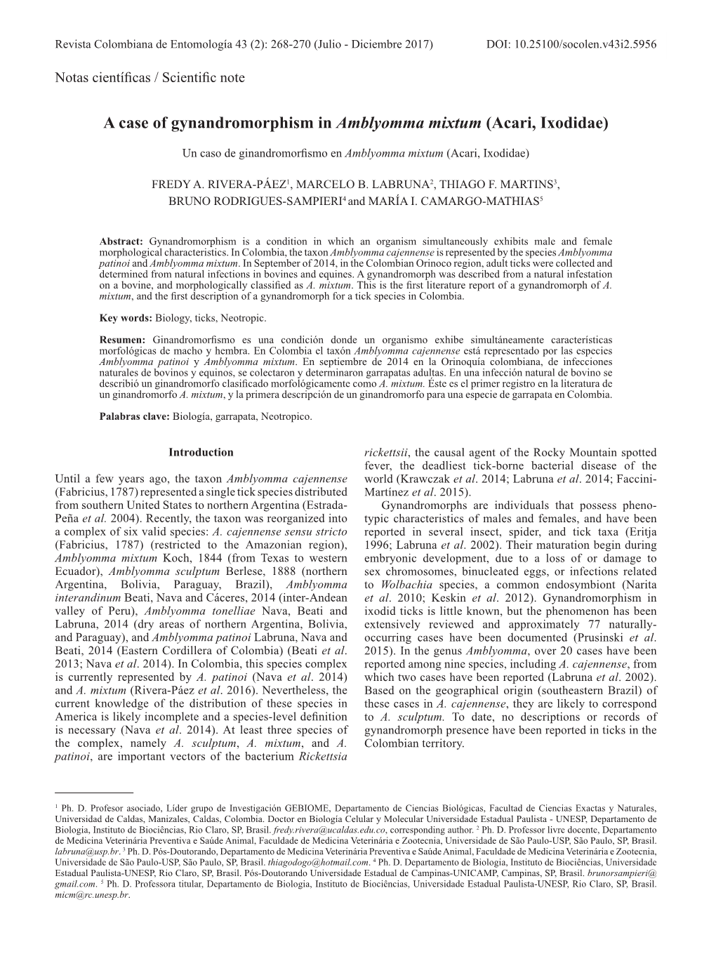 A Case of Gynandromorphism in Amblyomma Mixtum (Acari, Ixodidae)