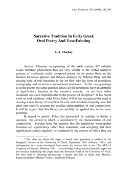 Narrative Tradition in Early Greek Oral Poetry and Vase-Painting