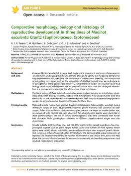 Comparative Morphology, Biology and Histology of Reproductive Development in Three Lines of Manihot Esculenta Crantz (Euphorbiaceae: Crotonoideae)
