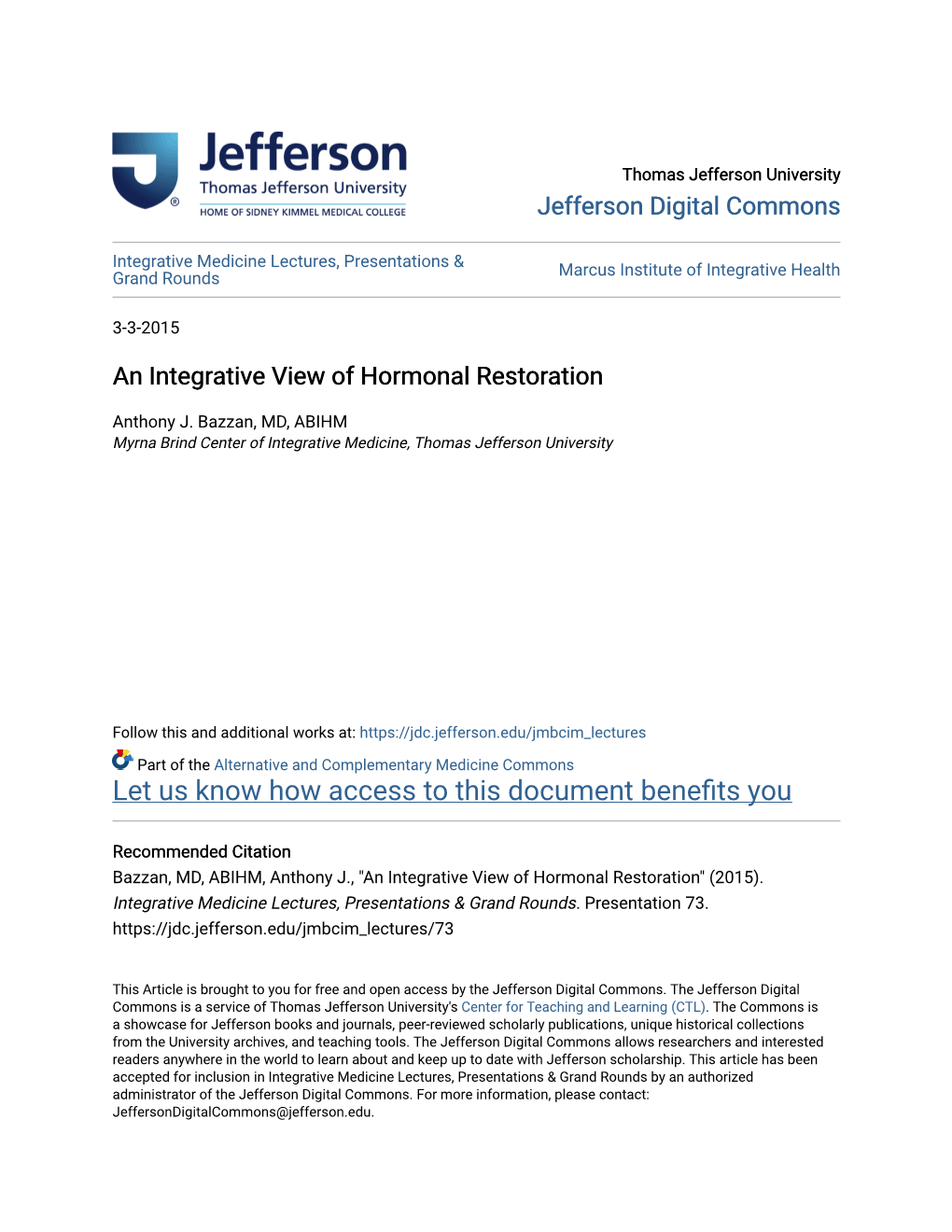 An Integrative View of Hormonal Restoration