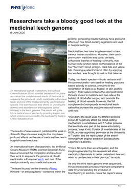 Researchers Take a Bloody Good Look at the Medicinal Leech Genome 18 June 2020