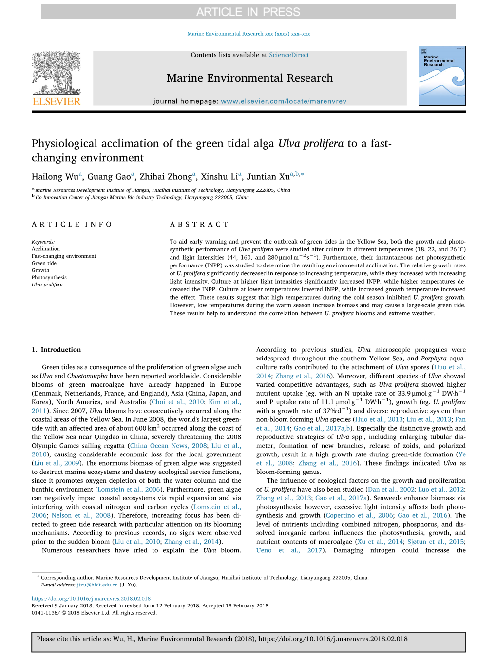 Physiological Acclimation of the Green Tidal Alga Ulva Prolifera to a Fast- Changing Environment