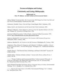 Forum on Religion and Ecology Christianity and Ecology Bibliography