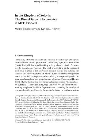 In the Kingdom of Solovia: the Rise of Growth Economics at MIT, 1956–70 Mauro Boianovsky and Kevin D