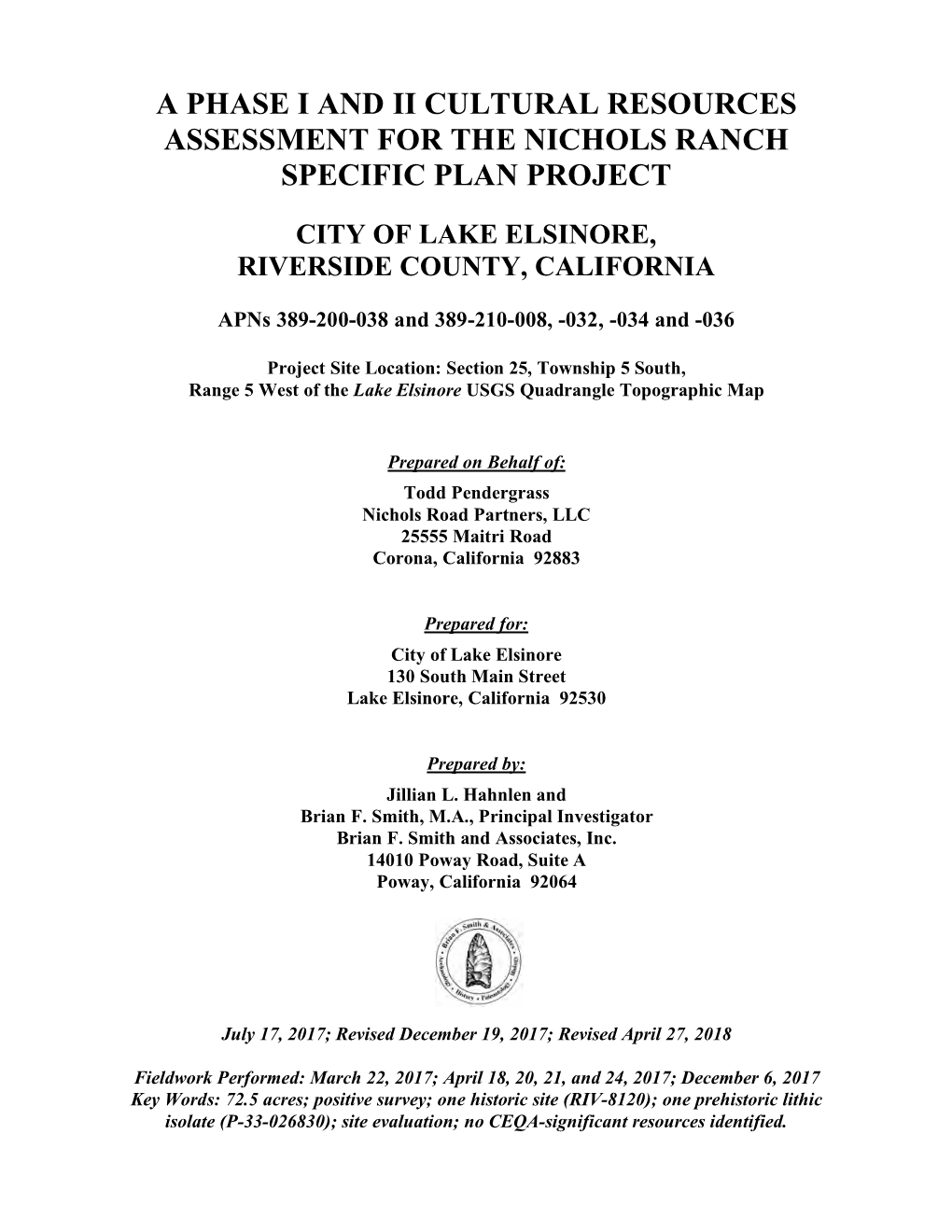 A Phase I and Ii Cultural Resources Assessment for the Nichols Ranch Specific Plan Project