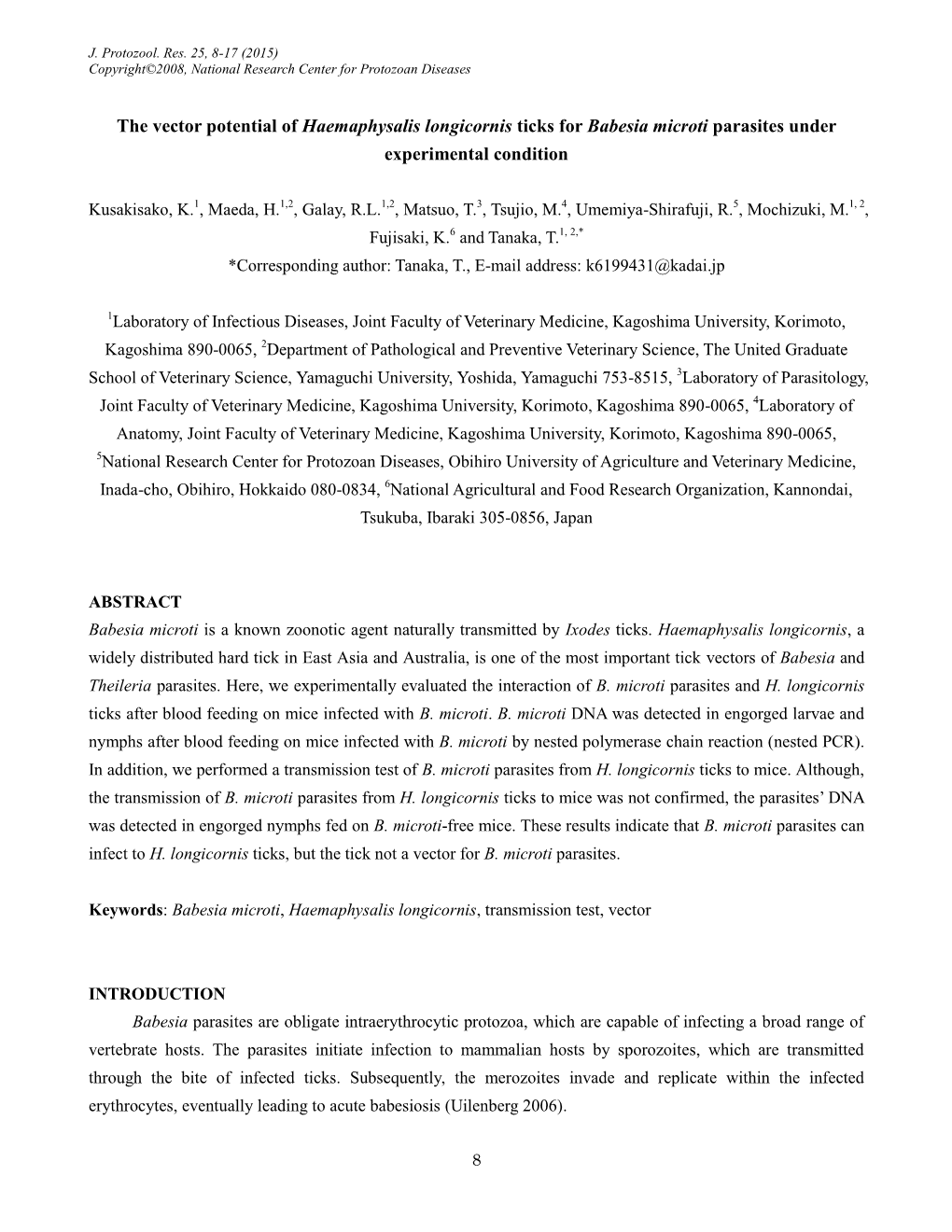 The Vector Potential of Haemaphysalis Longicornis Ticks for Babesia Microti Parasites Under Experimental Condition