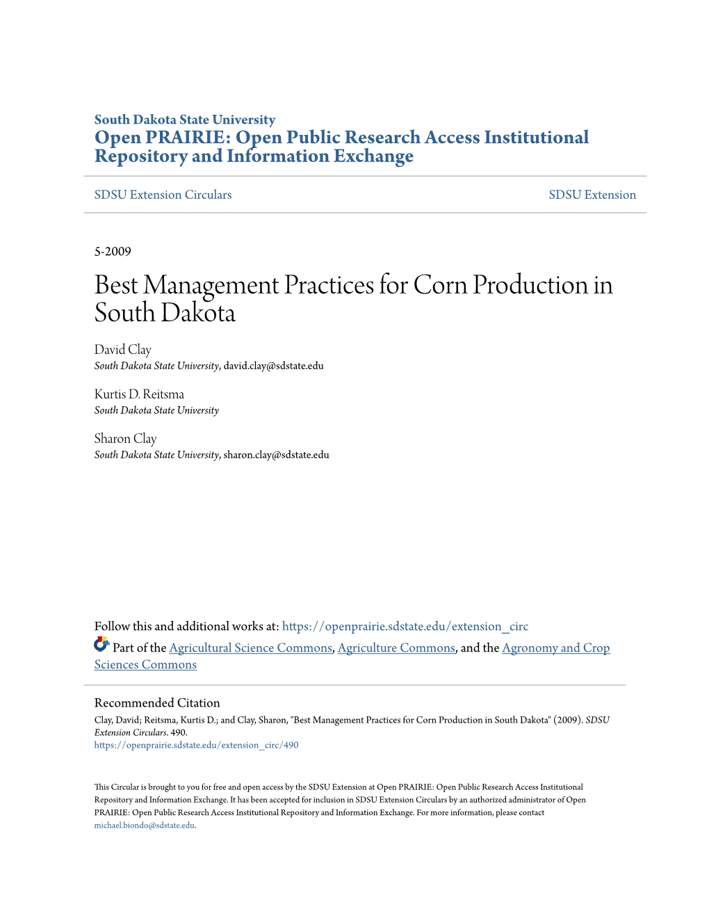 Best Management Practices for Corn Production in South Dakota David Clay South Dakota State University, David.Clay@Sdstate.Edu