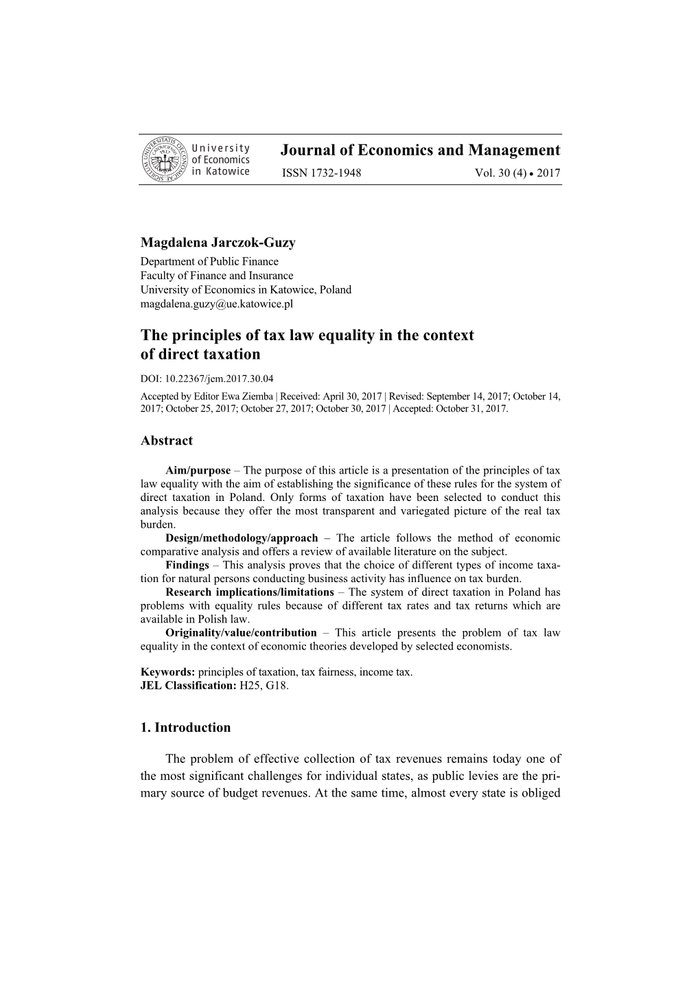 The Principles of Tax Law Equality in the Context of Direct Taxation