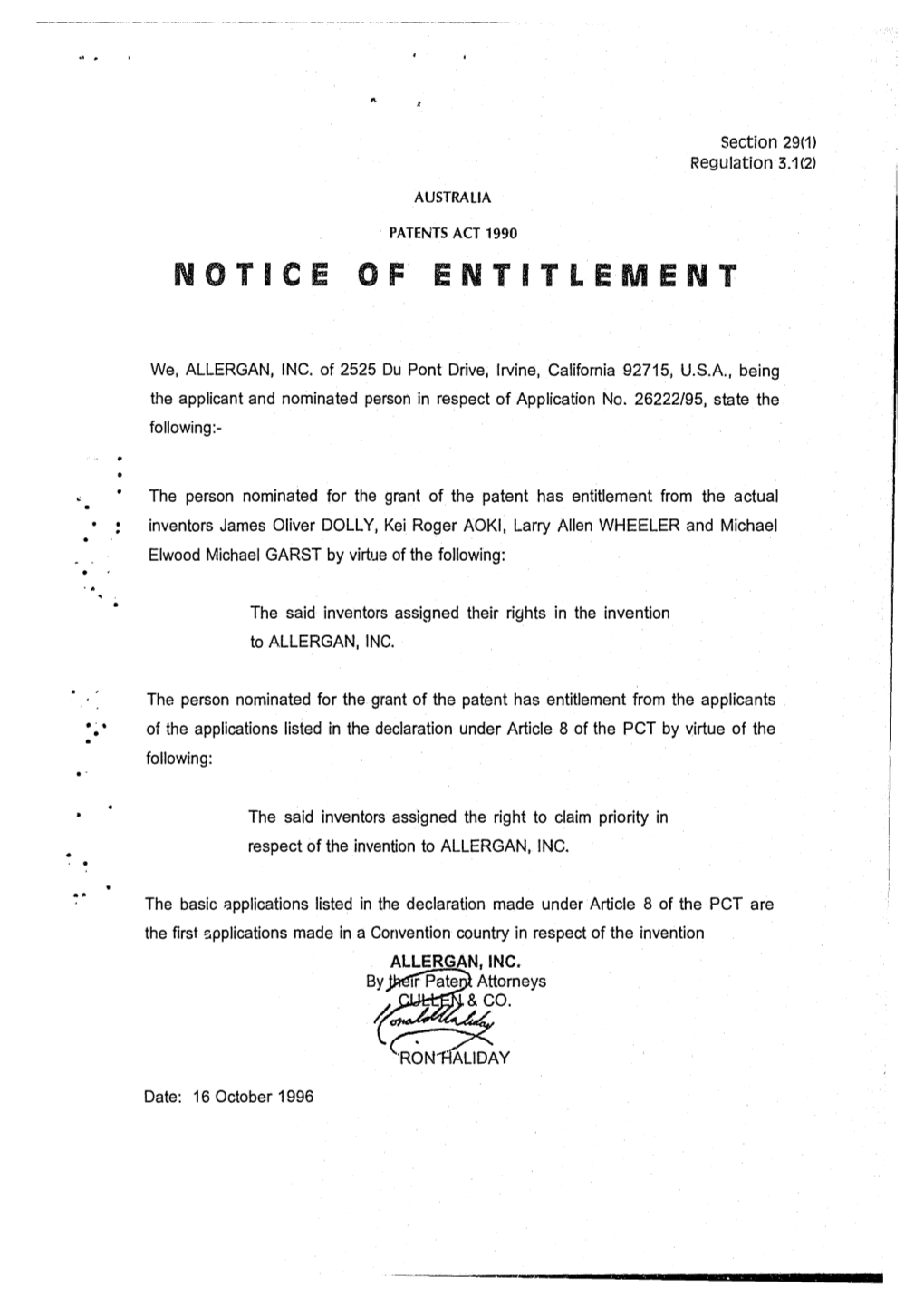 Notice of Entitlement