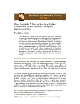 Claus Spreckels: a Biographical Case Study of Nineteenth-Century American Immigrant Entrepreneurship