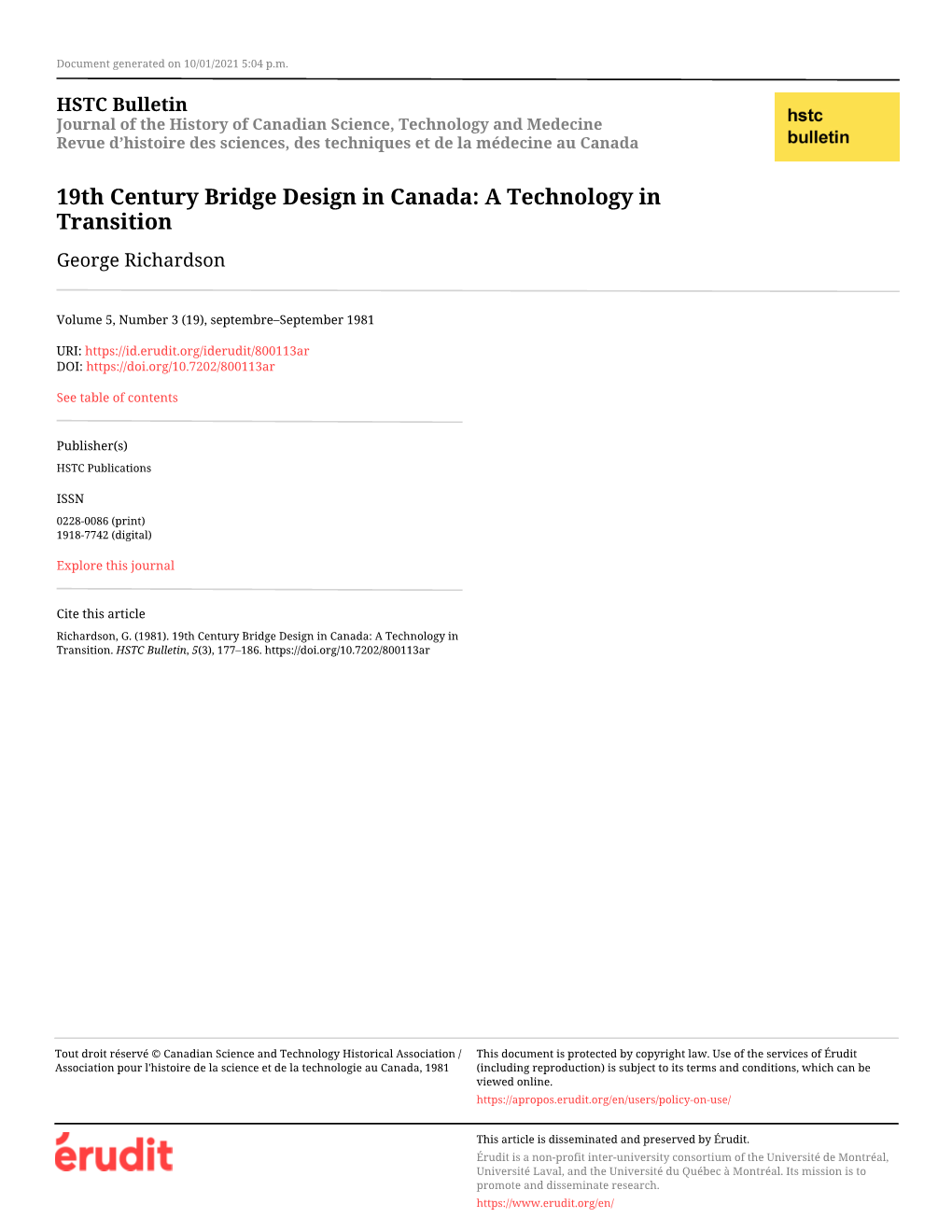 19Th Century Bridge Design in Canada: a Technology in Transition George Richardson