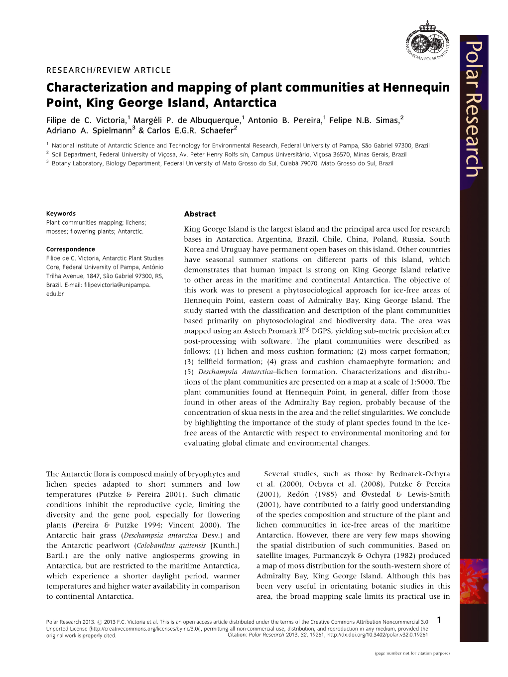 Characterization and Mapping of Plant Communities at Hennequin Point, King George Island, Antarctica Filipe De C