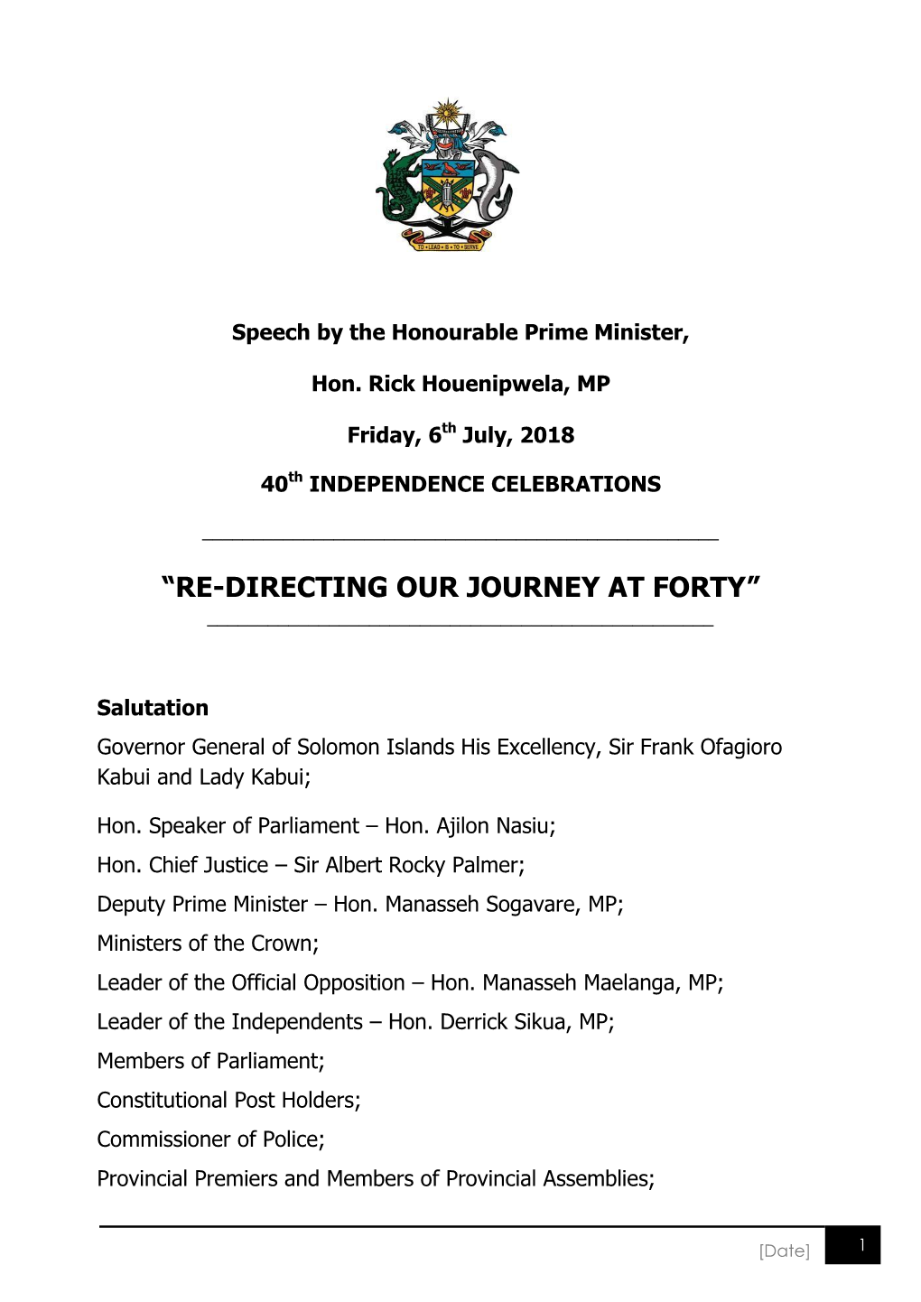 Prime Minister Hon Rick Hou's 40Th Independence Speech Download