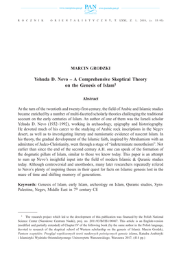 Yehuda D. Nevo – a Comprehensive Skeptical Theory on the Genesis of Islam1