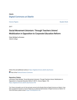 Social Movement Unionism: Through Teachers Unions' Mobilization in Opposition to Corporate Education Reform
