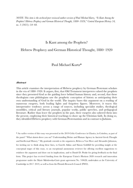 Is Kant Among the Prophets? Hebrew Prophecy and German Historical Thought, 1880–1920,” Central European History 54, No