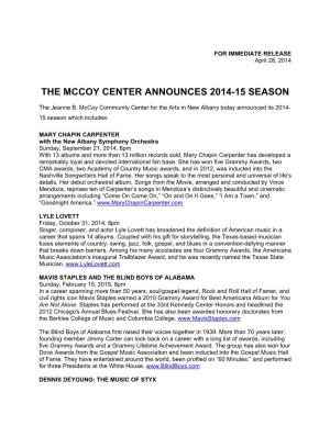 The Mccoy Center Announces 2014-15 Season