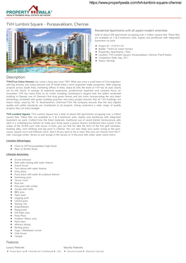 TVH Lumbini Square - Purasavakkam, Chennai Residential Apartments with All Aspect Modern Amenities Total of About 500 Apartments Occupying Over a Million Square Feet