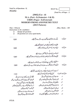 URDU (Paper - I) (External) MODERN PROSE and POETRY TEXT (2013 Pattern) Time : 3 Hours] [Max
