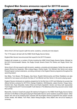 England Men Sevens Announce Squad for 2017/18 Season