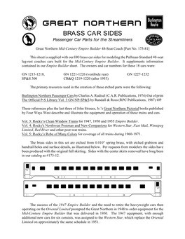 GREAT NORTHERN K BRASS CAR SIDES Rpassenger Car Parts for the Streamliners Q Great Northern Mid-Century Empire Builder 48-Seat Coach [Part No
