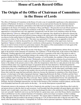 The Origin of the Office of Chairman of Committees in the House of Lords House of Lords Record Office