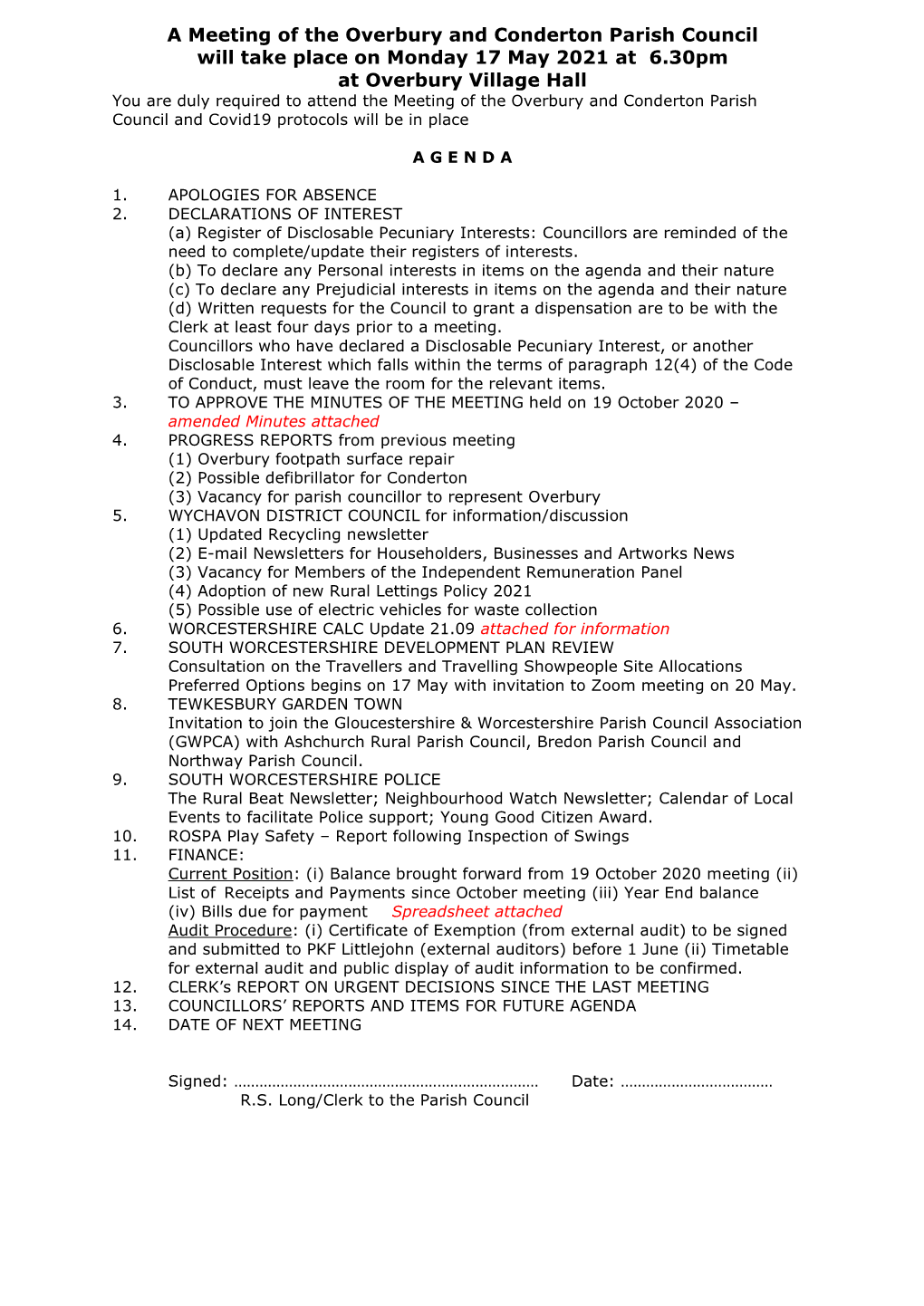 2021 Agenda for Parish Council Meeting 17 May 2021