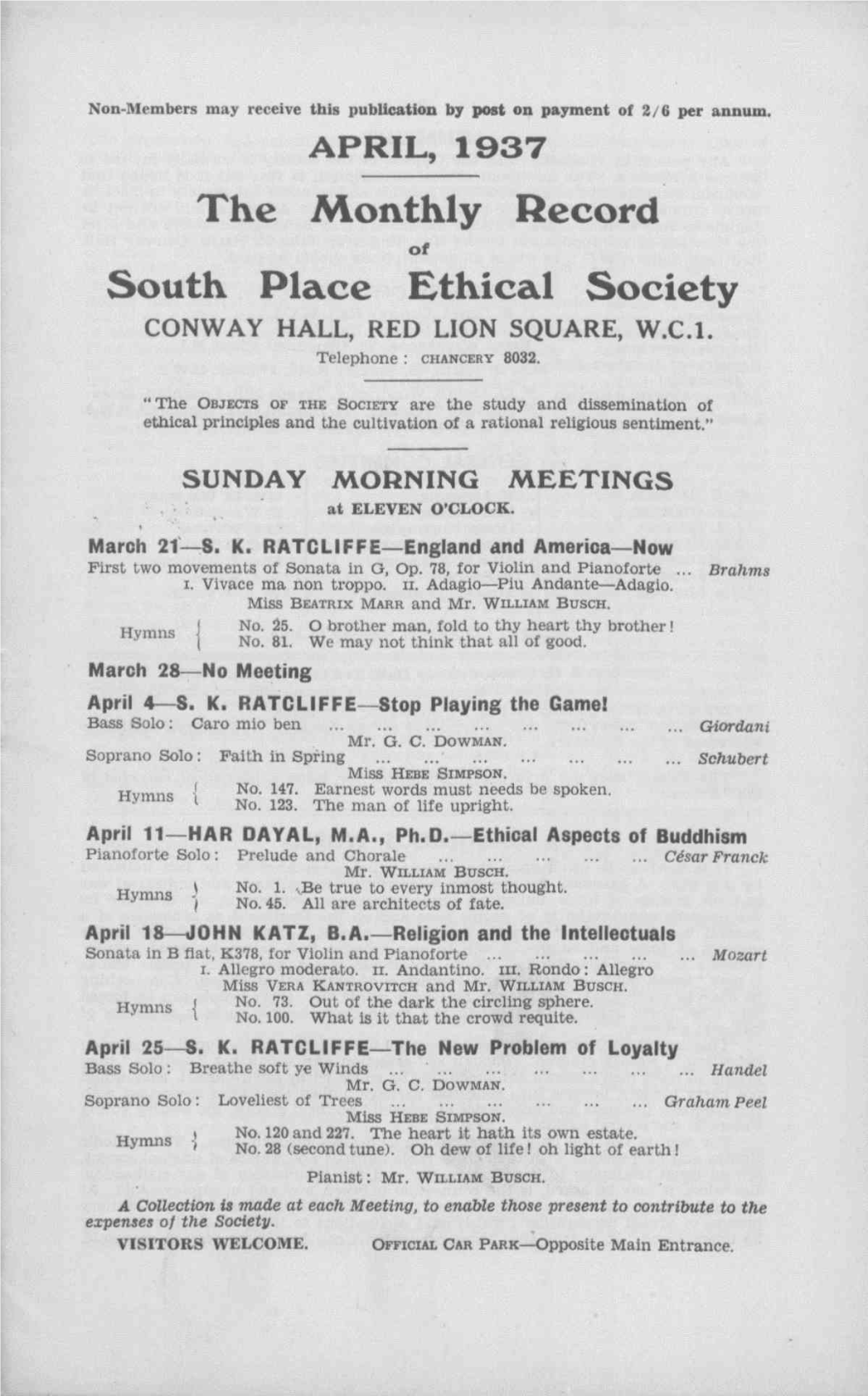 The Monthly Record South Place Ethical Society