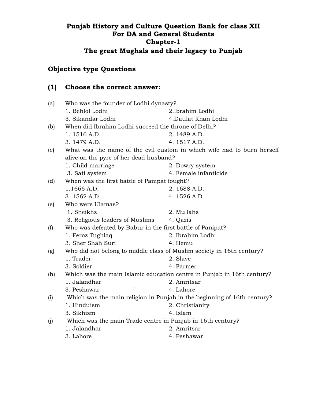 Punjab History and Culture Question Bank for Class XII for DA and General Students Chapter-1 the Great Mughals and Their Legacy to Punjab