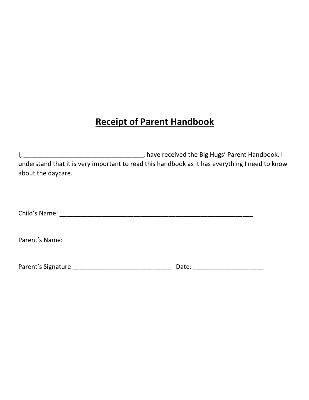 Receipt of Parent Handbook