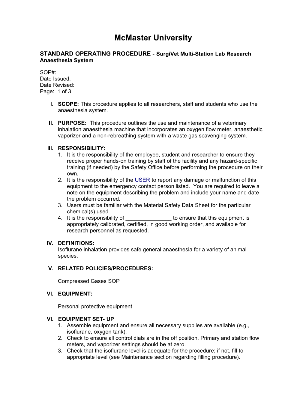 STANDARD OPERATING PROCEDURE - Surgivet Multi-Station Lab Research Anaesthesia System