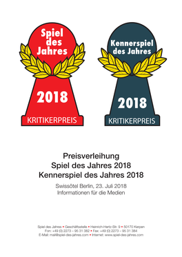 Preisverleihung Spiel Des Jahres 2018 Kennerspiel Des Jahres 2018 Swissôtel Berlin, 23