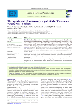 Therapeutic and Pharmacological Potential of Foeniculum Vulgare Mill