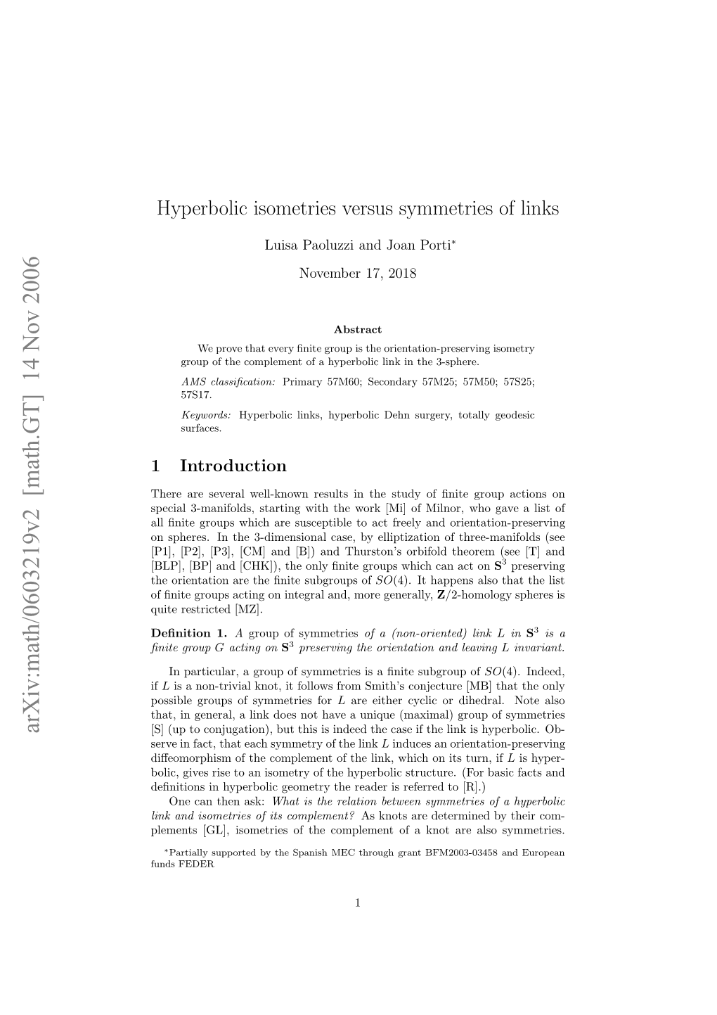 Hyperbolic Isometries Versus Symmetries of Links